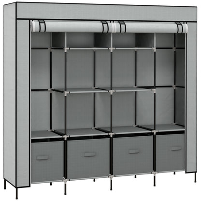 Fabric Wardrobe for Bedroom, Portable Cloth Wardrobe with 10 Compartments, 2 Hanging Rails and 4 Fabric Drawers