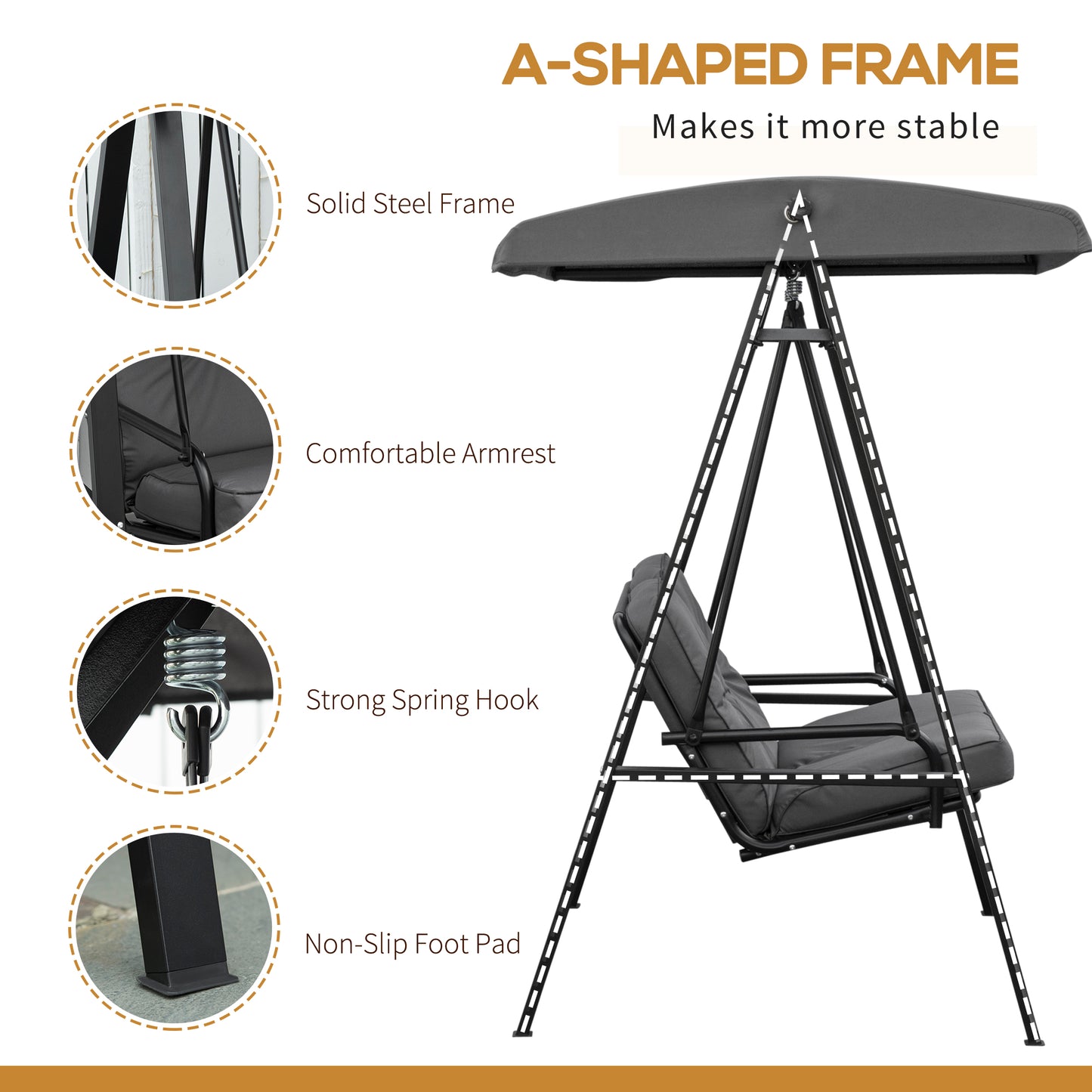 2 Seater Garden Swing Chair with Adjustable Tilting Canopy, Outdoor Hammock Bench with Steel Frame for Patio