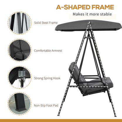2 Seater Garden Swing Chair with Adjustable Tilting Canopy, Outdoor Hammock Bench with Steel Frame for Patio