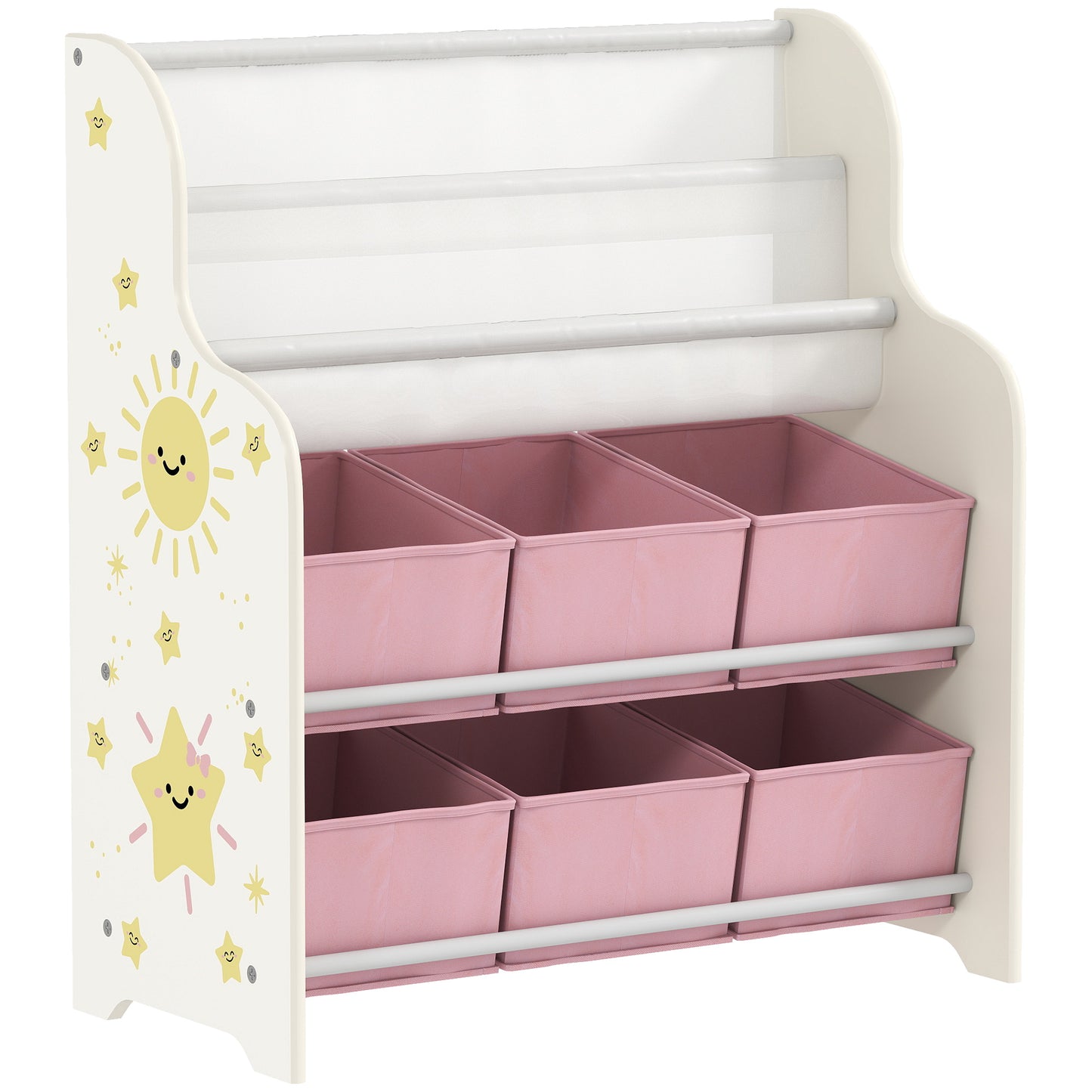 Kids Storage Unit, Toy Organiser with 6 Fabric Drawers and 2-Tier Sling Book Rack for Bedroom, Playroom, Nursery, Pink