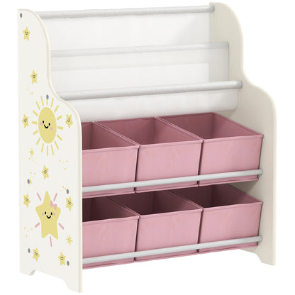 Kids Storage Unit, Toy Organiser with 6 Fabric Drawers and 2-Tier Sling Book Rack for Bedroom, Playroom, Nursery, Pink