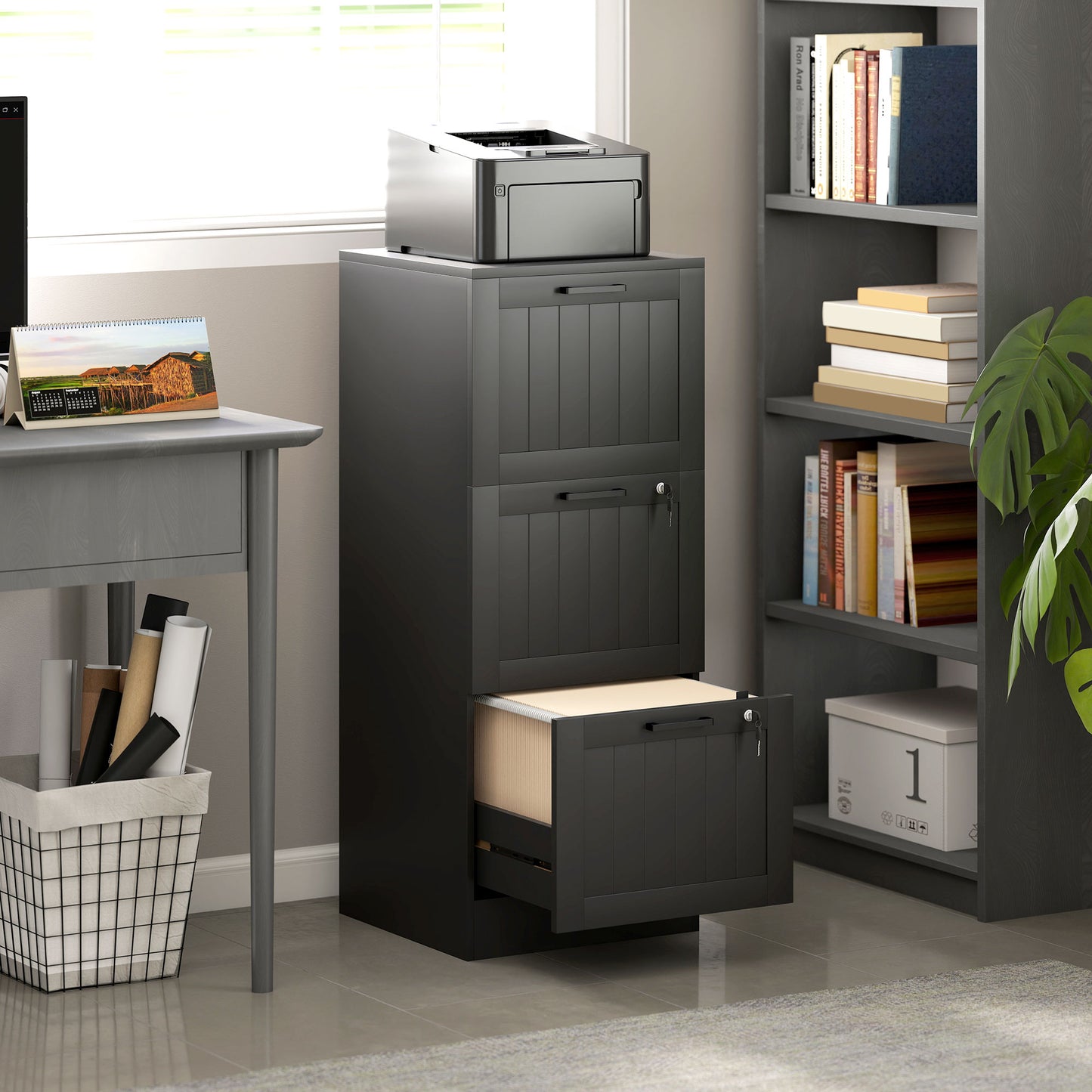 3 Drawer Filing Cabinet with Lock, Office Storage Cabinet with Adjustable Hanging Bars for A4 Letter Size Files, Black