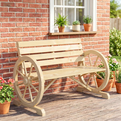 Wagon Wheel Chair Bench Armrest Rustic Loveseat Wood Outdoor Garden, Natural