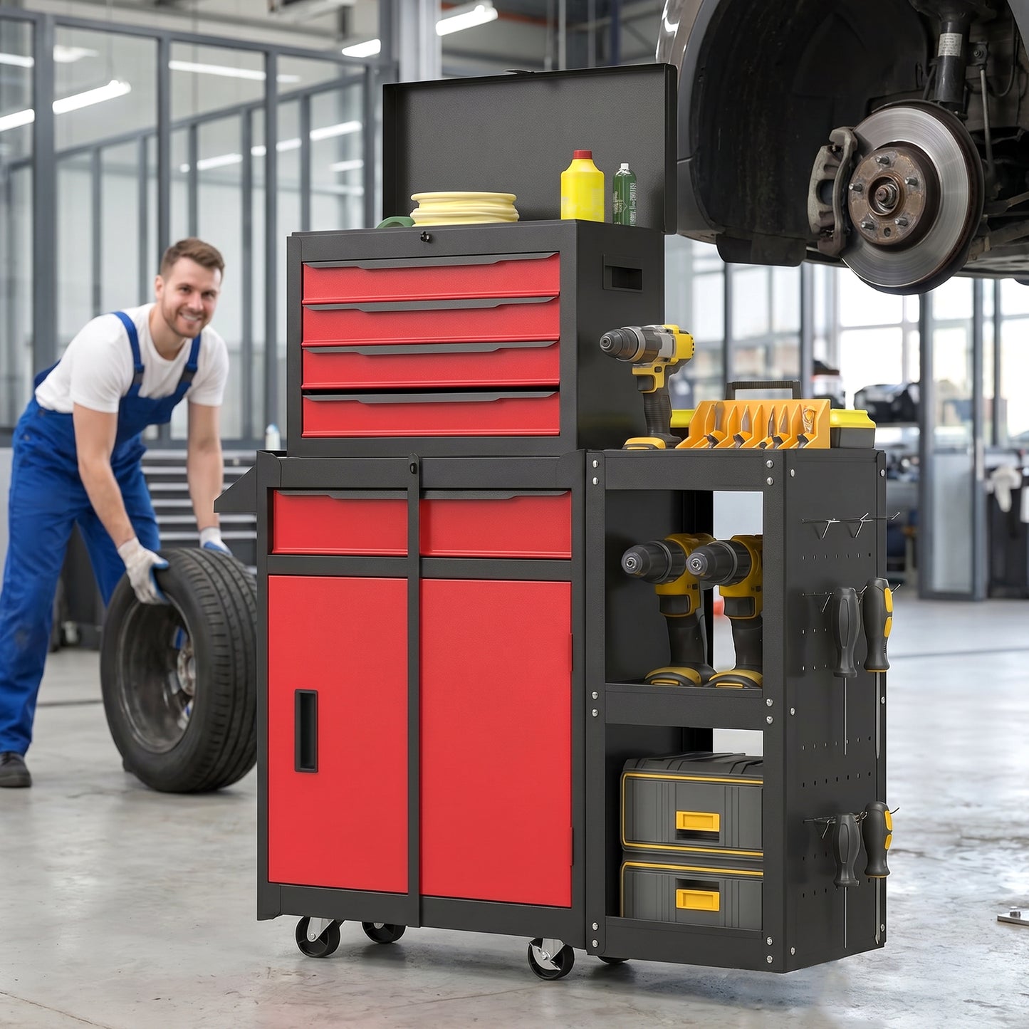 Tool Chest, Mobile Modular Tool Box with 5 Drawers, Side Rack, Pegboard, Lock, Tool Cabinet for Garage Workshop, Red