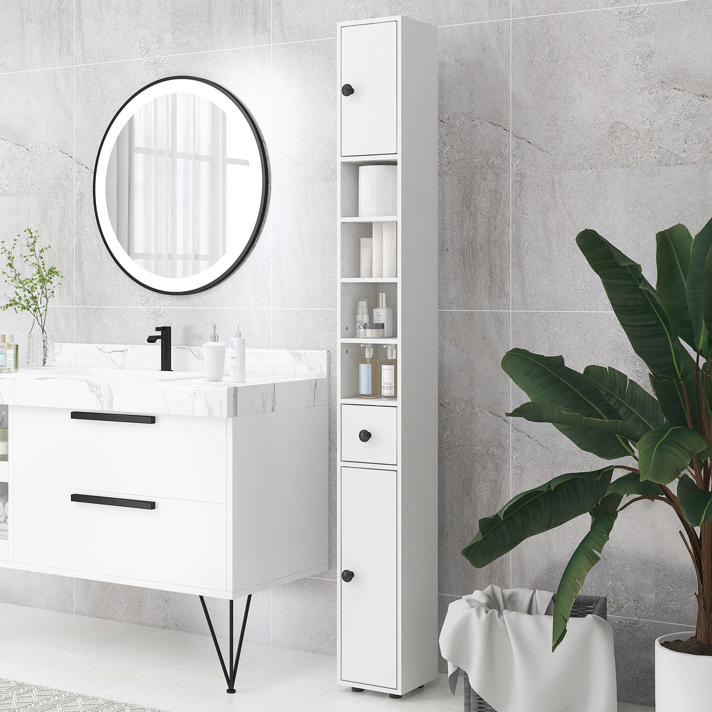 180cm Slim Bathroom Cabinet with 9-layered Independent Storage for Family-friendly Storage - White