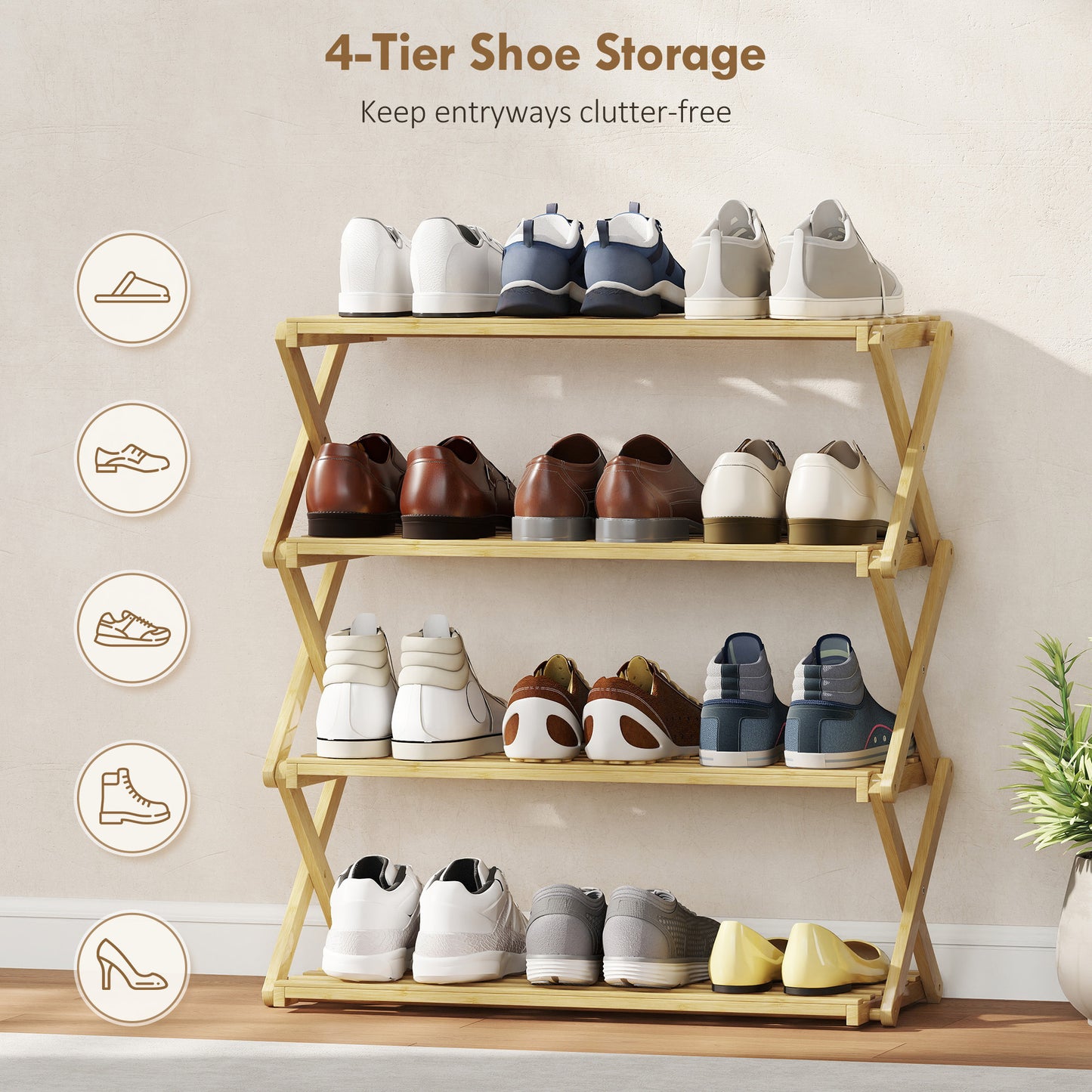 Four-Tier Folding Bamboo Shoe Rack - Natural Finish