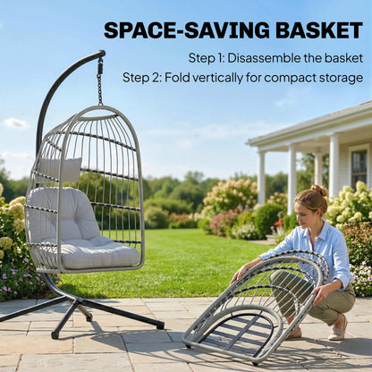 Hanging Egg Chair, Indoor Outdoor Hammock Swing Chair with Stand, Safety Strap, Foldable Basket, Light Grey