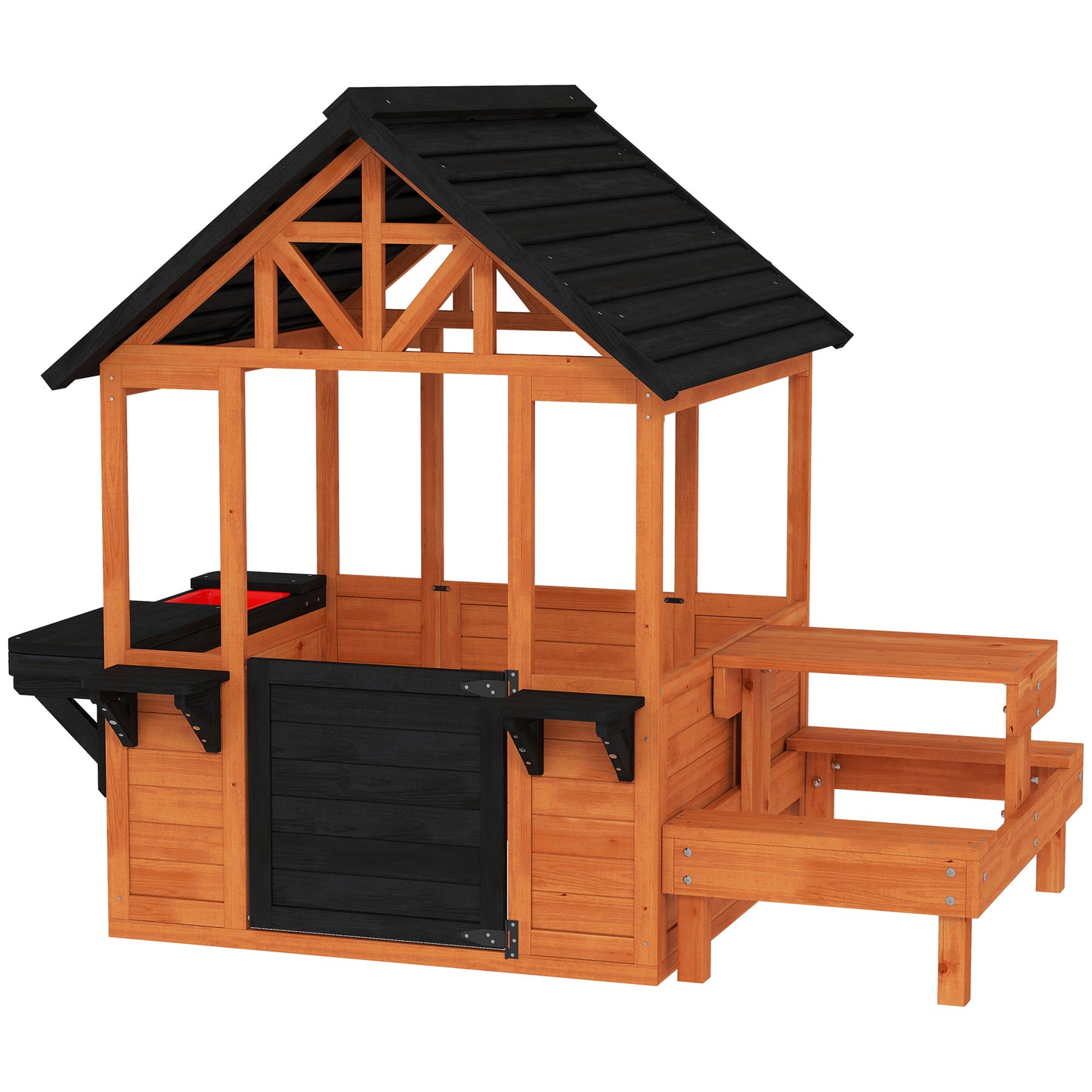 Wooden Playhouse Playhouse for Kids with Table, Benches, Sink Table, Windows, Flowerpot Holders, for Ages 3-8, Brown