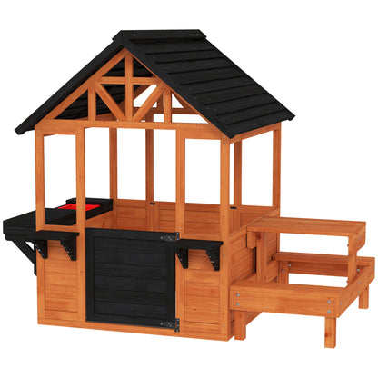 Wooden Playhouse Playhouse for Kids with Table, Benches, Sink Table, Windows, Flowerpot Holders, for Ages 3-8, Brown