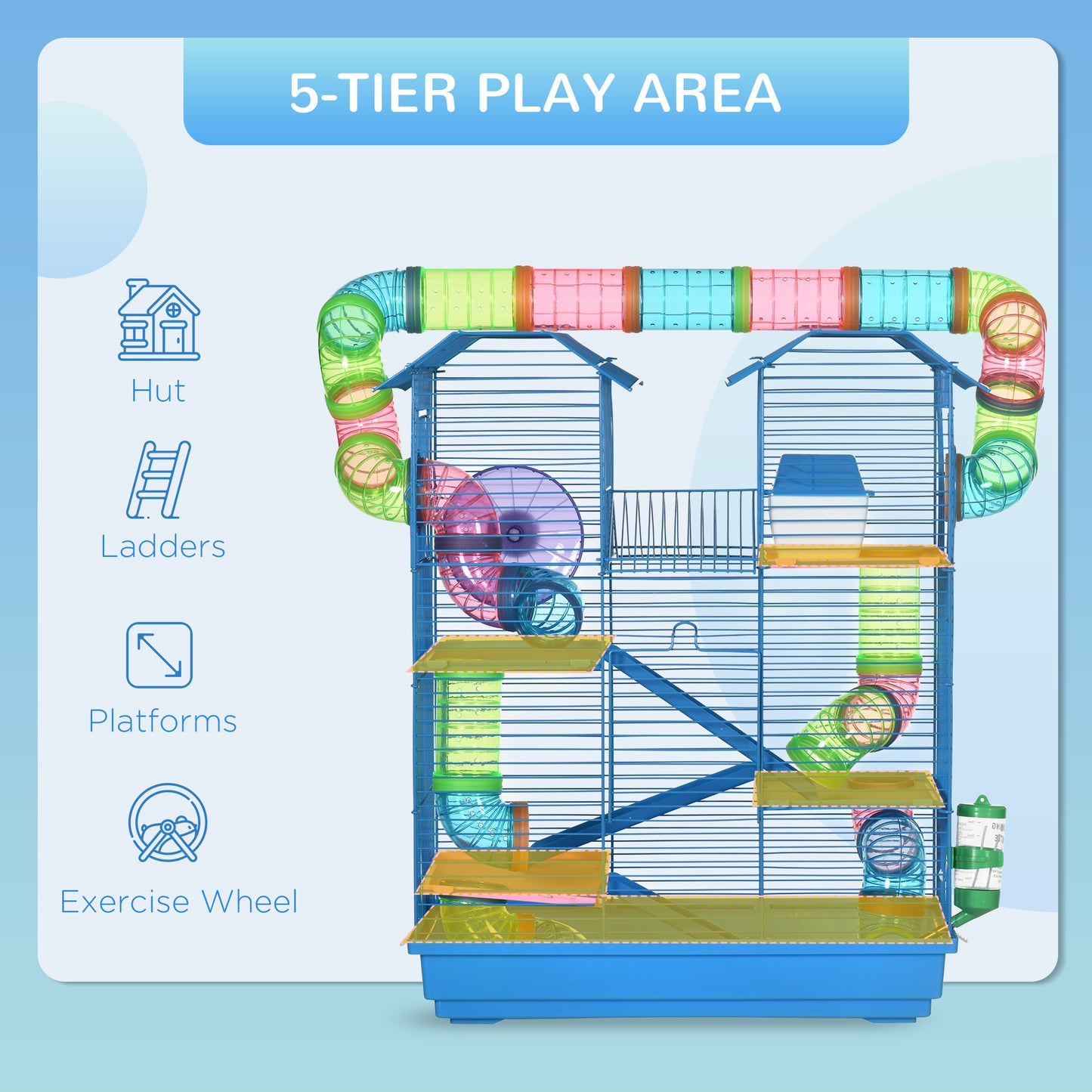 Hamster Cage, 5 Tier Carrier Habitat with Exercise Wheels Tunnel Tube Water Bottle Dishes House Ladder