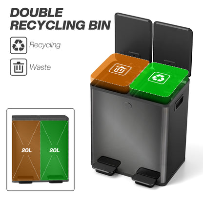 40L Dual Compartment Stainless Steel Bin, with Deodoriser Holders - Glossy Black