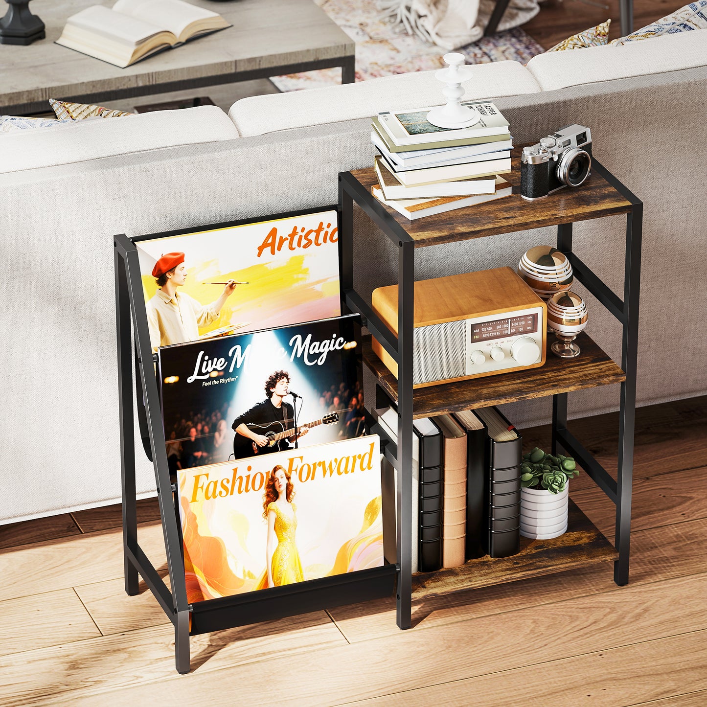 3-Tier Record Player Stand, End Table for Living Room, Bedroom - Rustic Brown