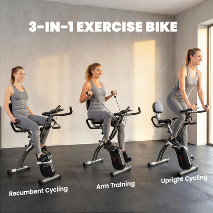 4-In-1 Folding Exercise Bike with Resistance Bands, Bluetooth App, 8-Level Magnetic Resistance, LCD Display, Black