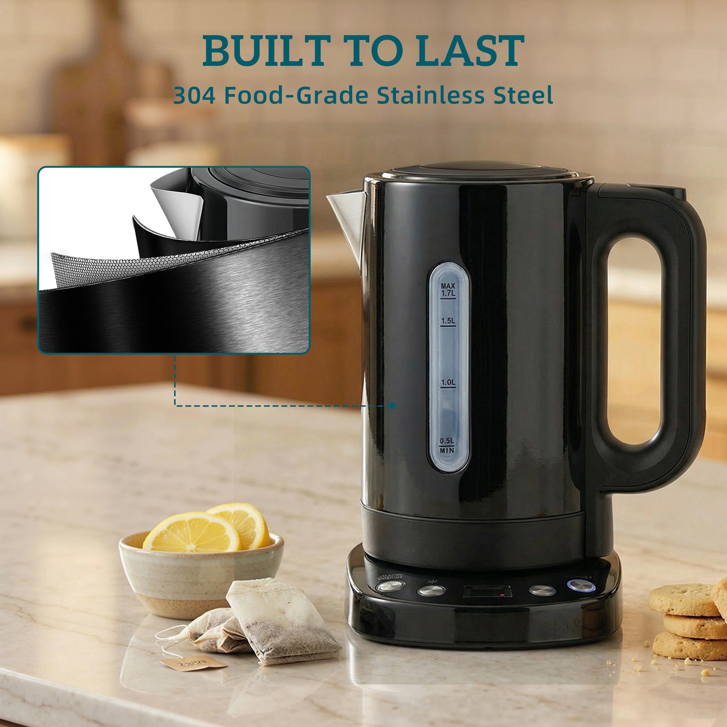 Electric Kettle, 1.7L, Fast Boil, 3kW Water Kettle with UK Strix Thermostat, Keep Warm Function, LCD Base, Black