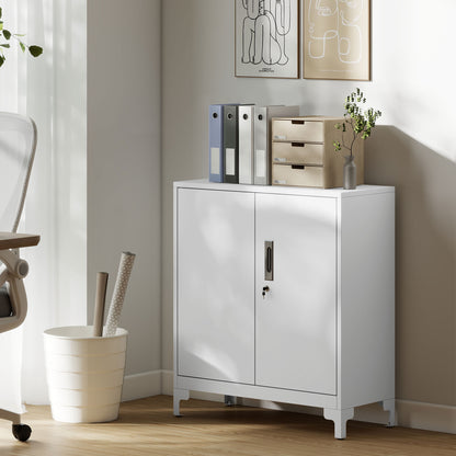 Lockable Metal Filing Cabinet, 2-Tier Storage Cupboard with Double Doors, Modern Office Organiser, White