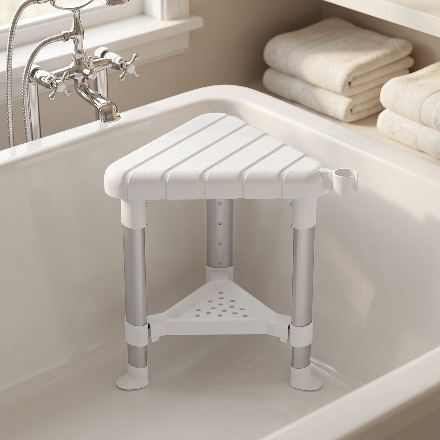 Shower Stool, Aluminium Alloy Corner Shower Chair with Storage Shelf and HDPE Seat, Adjustable Height, White
