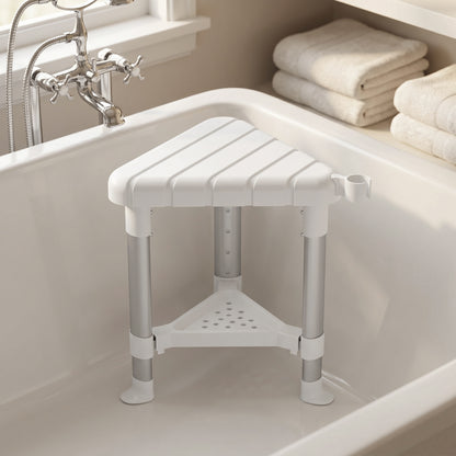 Shower Stool, Aluminium Alloy Corner Shower Chair with Storage Shelf and HDPE Seat, Adjustable Height, White
