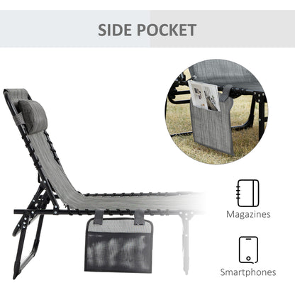 Portable Sun Lounger, Folding Camping Bed Cot, Reclining Lounge Chair 5-position Adjustable Backrest with Side Pocket