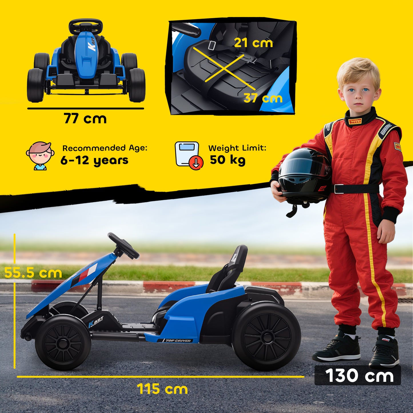 24V Electric Go Kart, Drift Kart with Adjustable Seat, Slow Start, 5-Point Harness, Music, for 6-12 Years, Blue