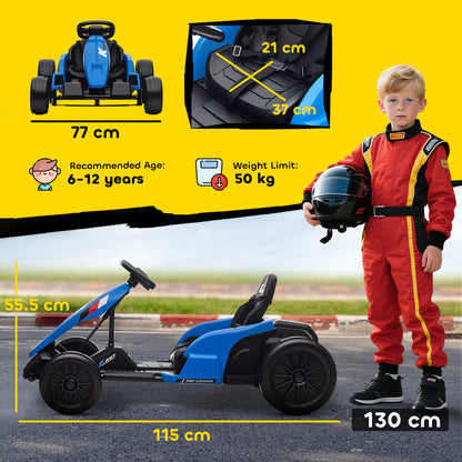 24V Electric Go Kart, Drift Kart with Adjustable Seat, Slow Start, 5-Point Harness, Music, for 6-12 Years, Blue