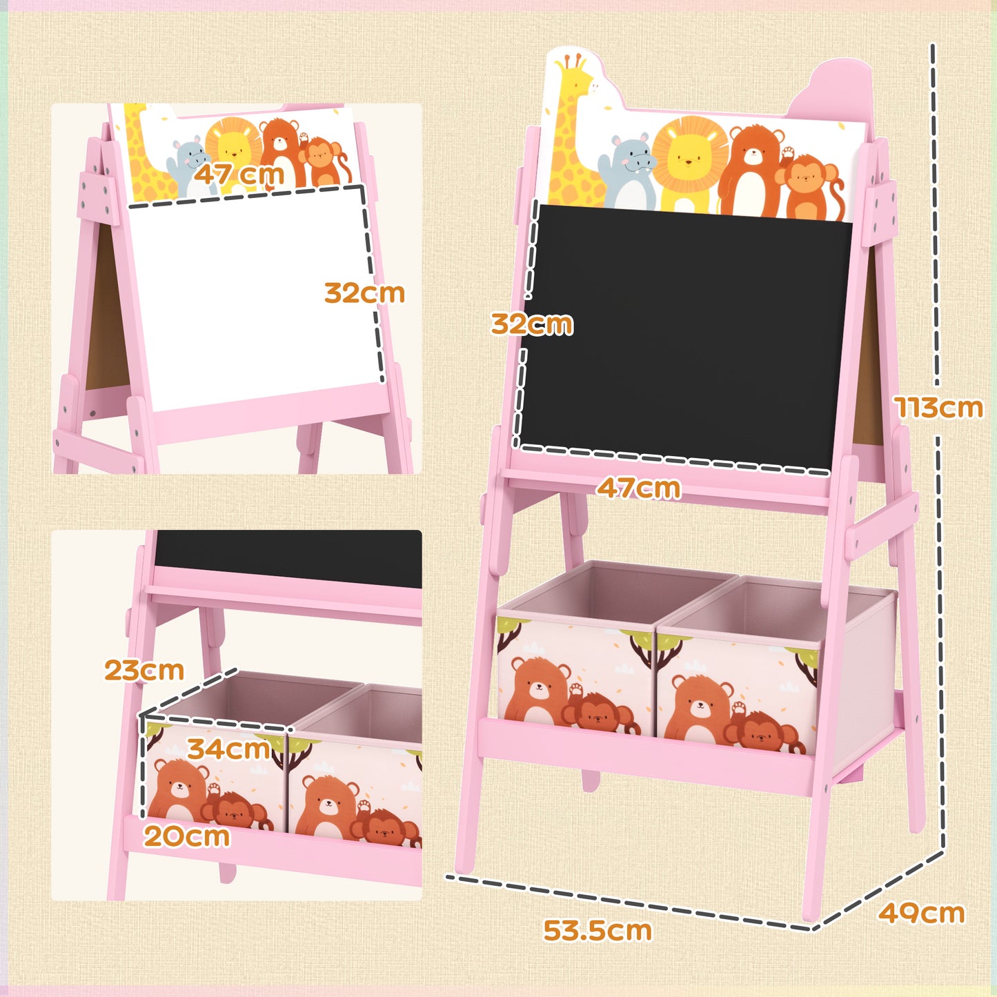 2 in 1 Kids Easel with Whiteboard, Chalkboard, Storage Boxes, for Ages 3-8 Years, Pink
