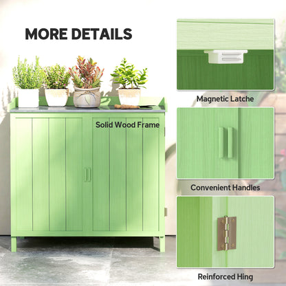 Wood Garden Storage Cabinet, Outdoor Tool Shed, Potting Bench Table with galvanised Top and Two Shelves for garden Tools or P