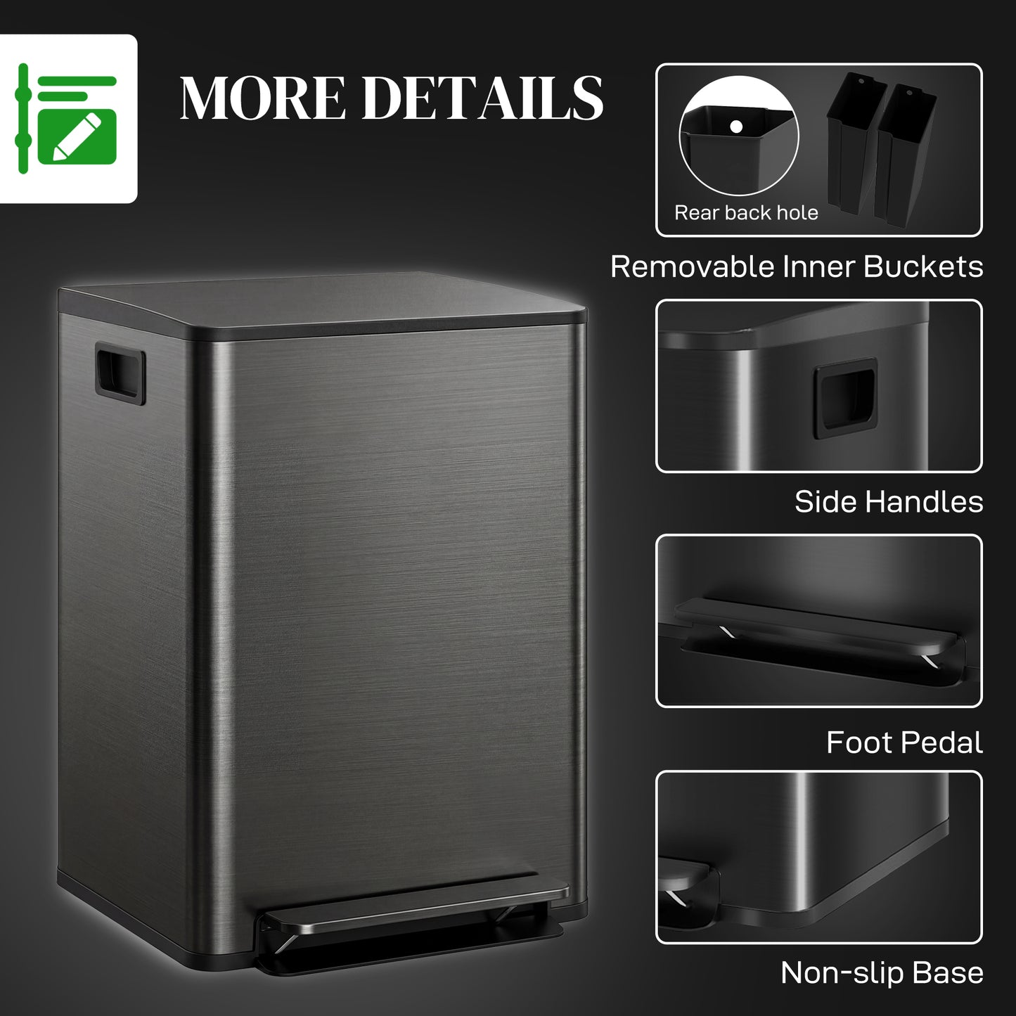 60L Dual Compartment Stainless Steel Bin, with Deodoriser Holders - Black