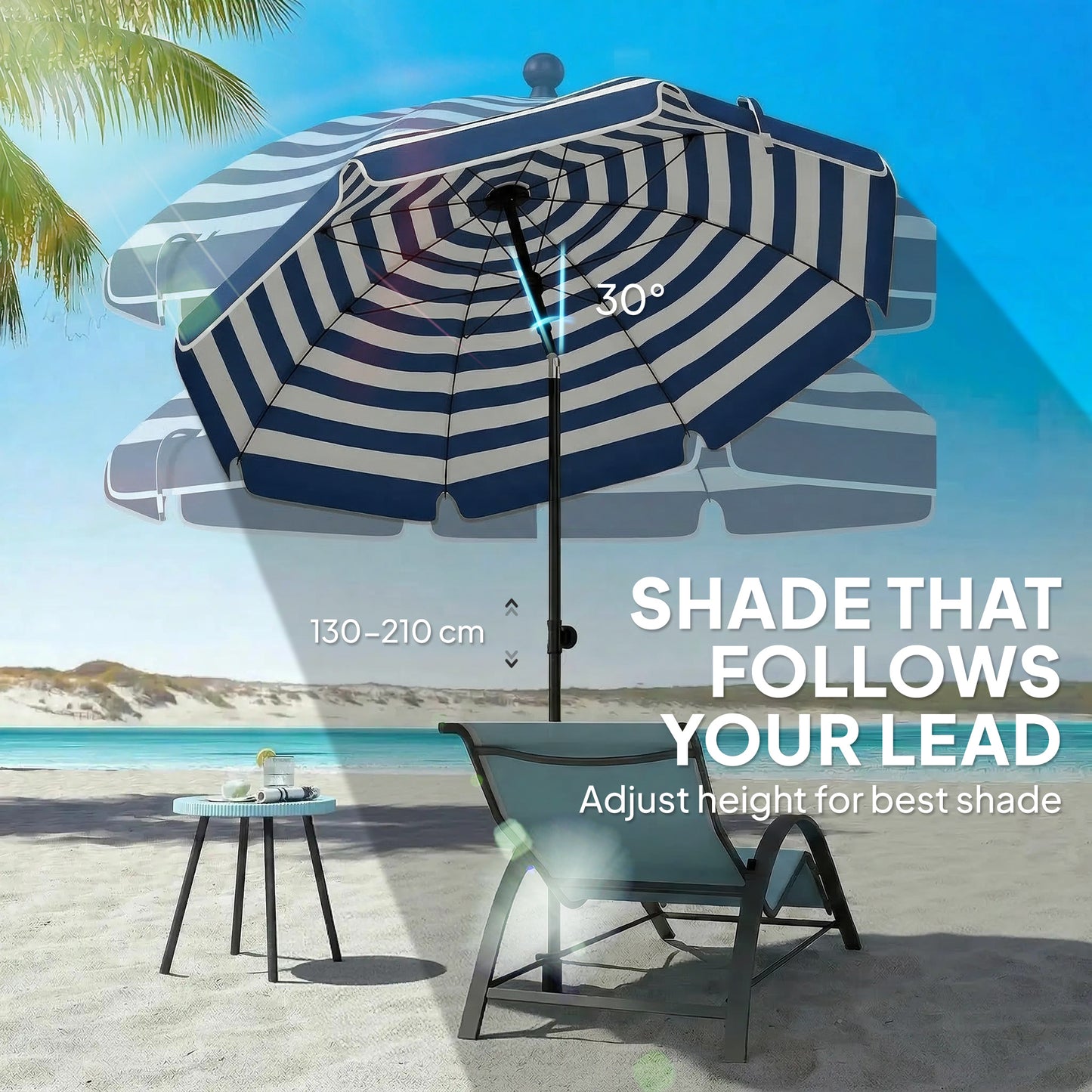 1.8 m Beach Umbrella Parasol with Sand Anchor, Portable 30° Tilting Patio Sun Shade with Adjustable Height, Blue/White