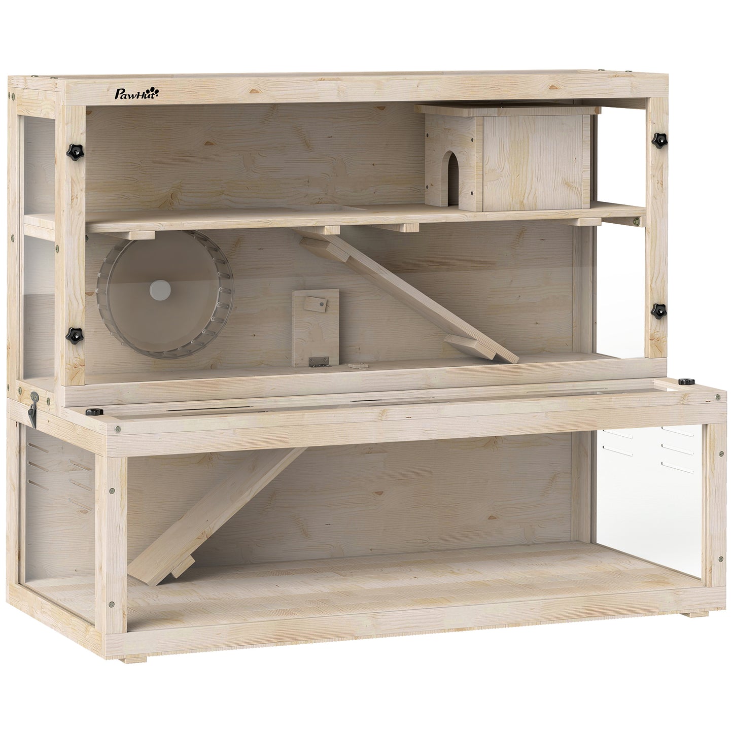 Wooden Hamster Cage with Hut, Wheel, Ramps, Removable Viewing Panels, 100 x 50 x 84 cm, Natural Wood