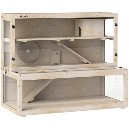 Wooden Hamster Cage with Hut, Wheel, Ramps, Removable Viewing Panels, 100 x 50 x 84 cm, Natural Wood