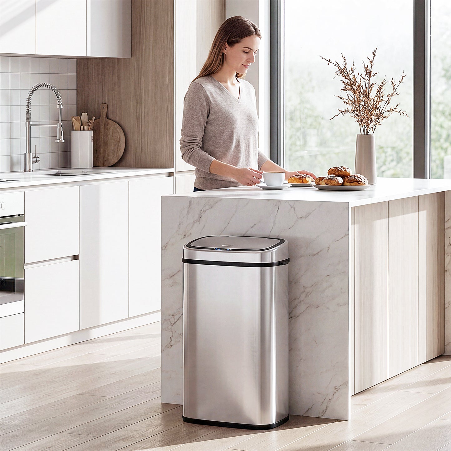 68L Automatic Sensor Bin, Touchless Stainless Steel Kitchen Rubbish Bin, Hands-Free Infrared Waste Dustbin