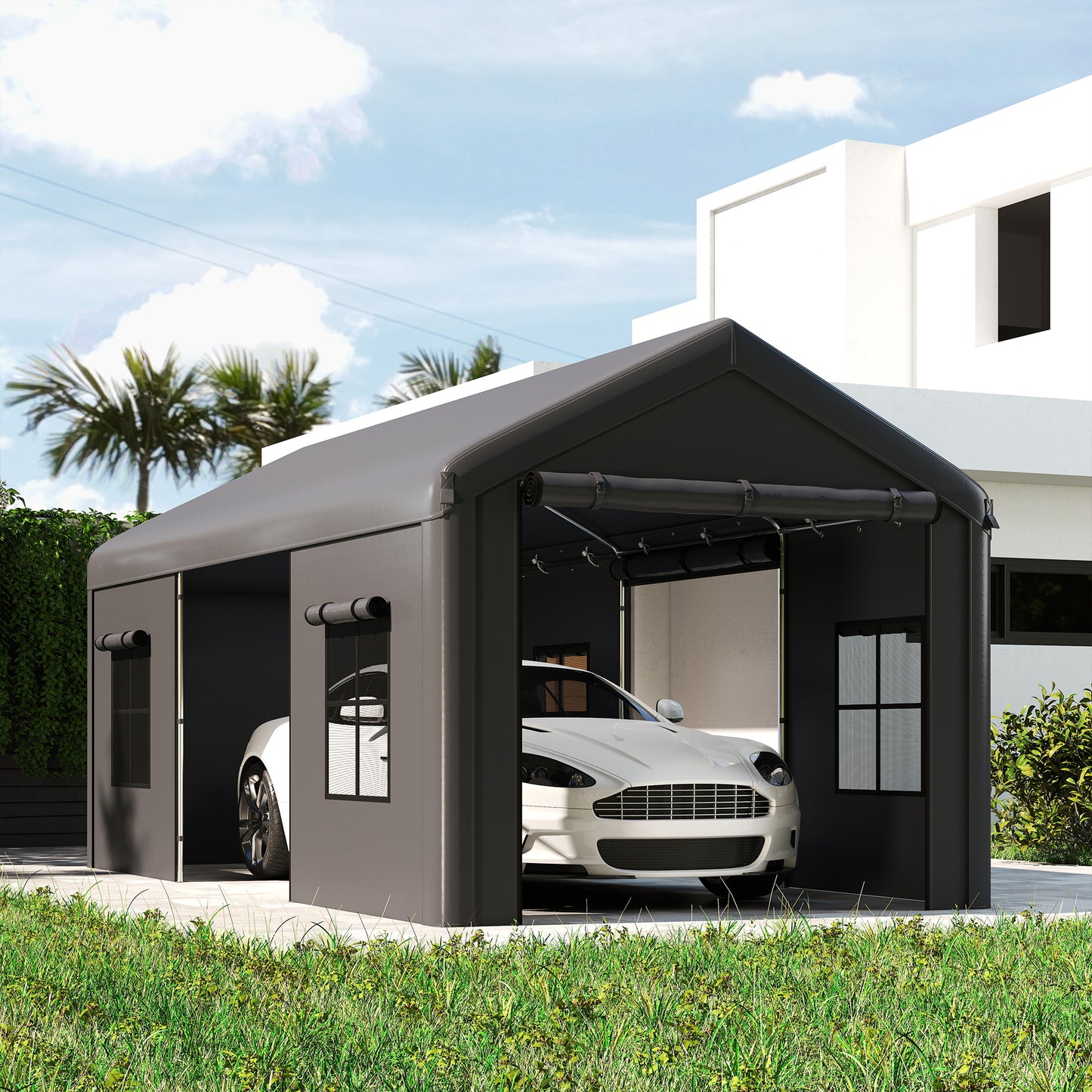 3 x 6 m Heavy Duty Carport, Portable Garage Car Canopy Tent with Galvanised Frame, Doors, Windows, Dark Grey