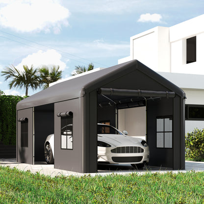 3 x 6 m Heavy Duty Carport, Portable Garage Car Canopy Tent with Galvanised Frame, Doors, Windows, Dark Grey