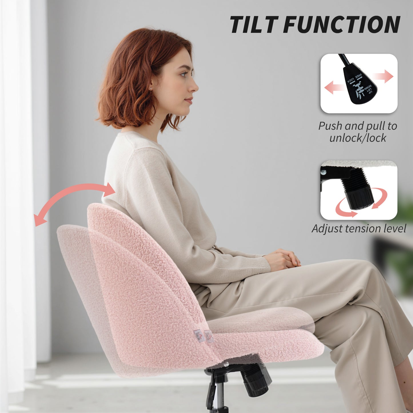Teddy Fleece Office Chair with Wheels - Light Pink