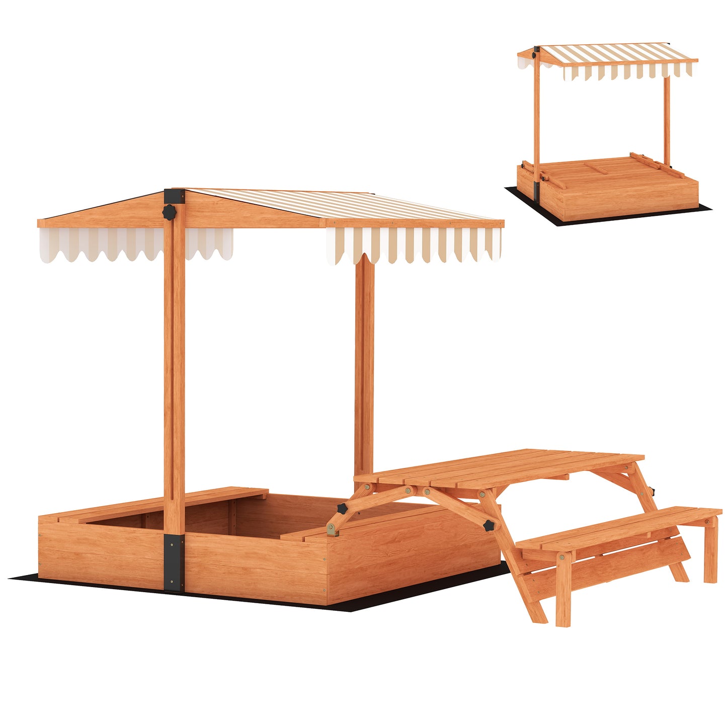 Kids Sand Pit with Lid, Wooden Sandpit with Canopy, Foldable Picnic Table, Bench Seats, Bottom Liner for Patio Garden