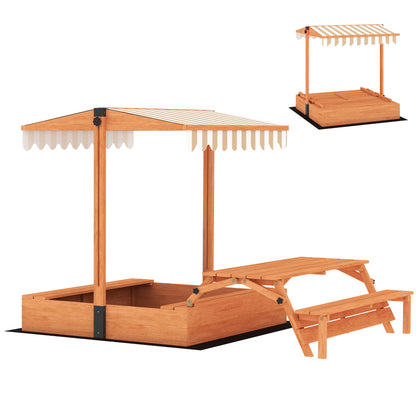 Kids Sand Pit with Lid, Wooden Sandpit with Canopy, Foldable Picnic Table, Bench Seats, Bottom Liner for Patio Garden