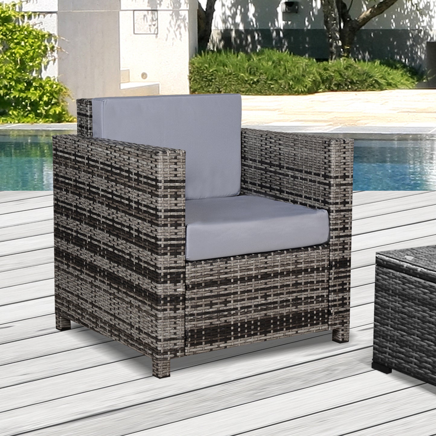 Rattan Garden Armchair 10cm Cushion Outdoor Single Chair with Steel Frame, Grey