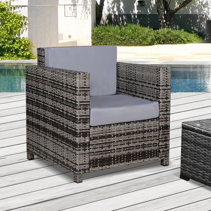 Rattan Garden Armchair 10cm Cushion Outdoor Single Chair with Steel Frame, Grey