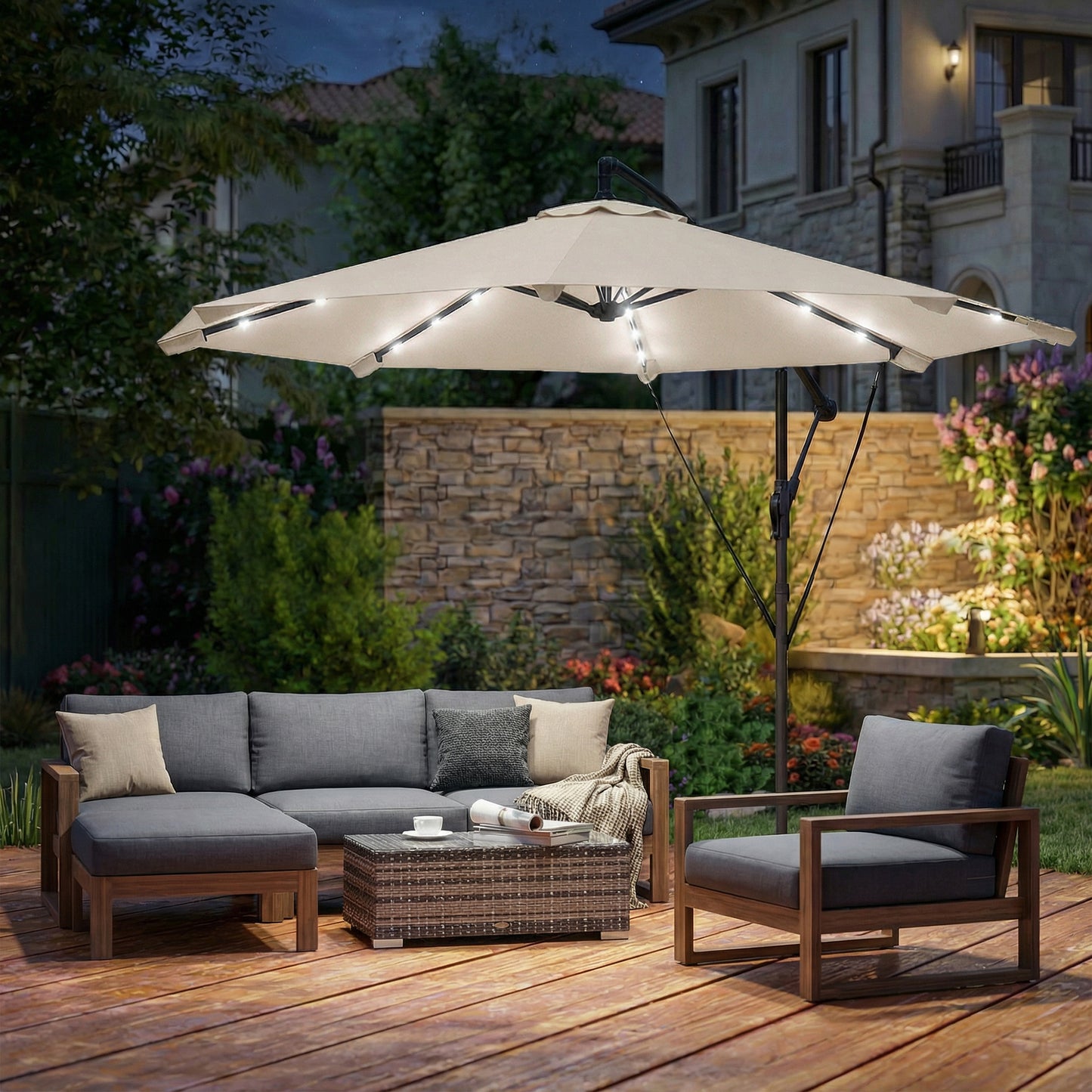 3 m Cantilever Parasol with Solar LED Lights Garden Umbrella with Cross Base, Cream White