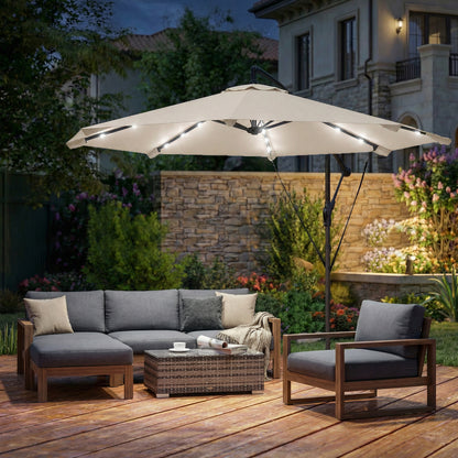 3 m Cantilever Parasol with Solar LED Lights Garden Umbrella with Cross Base, Cream White