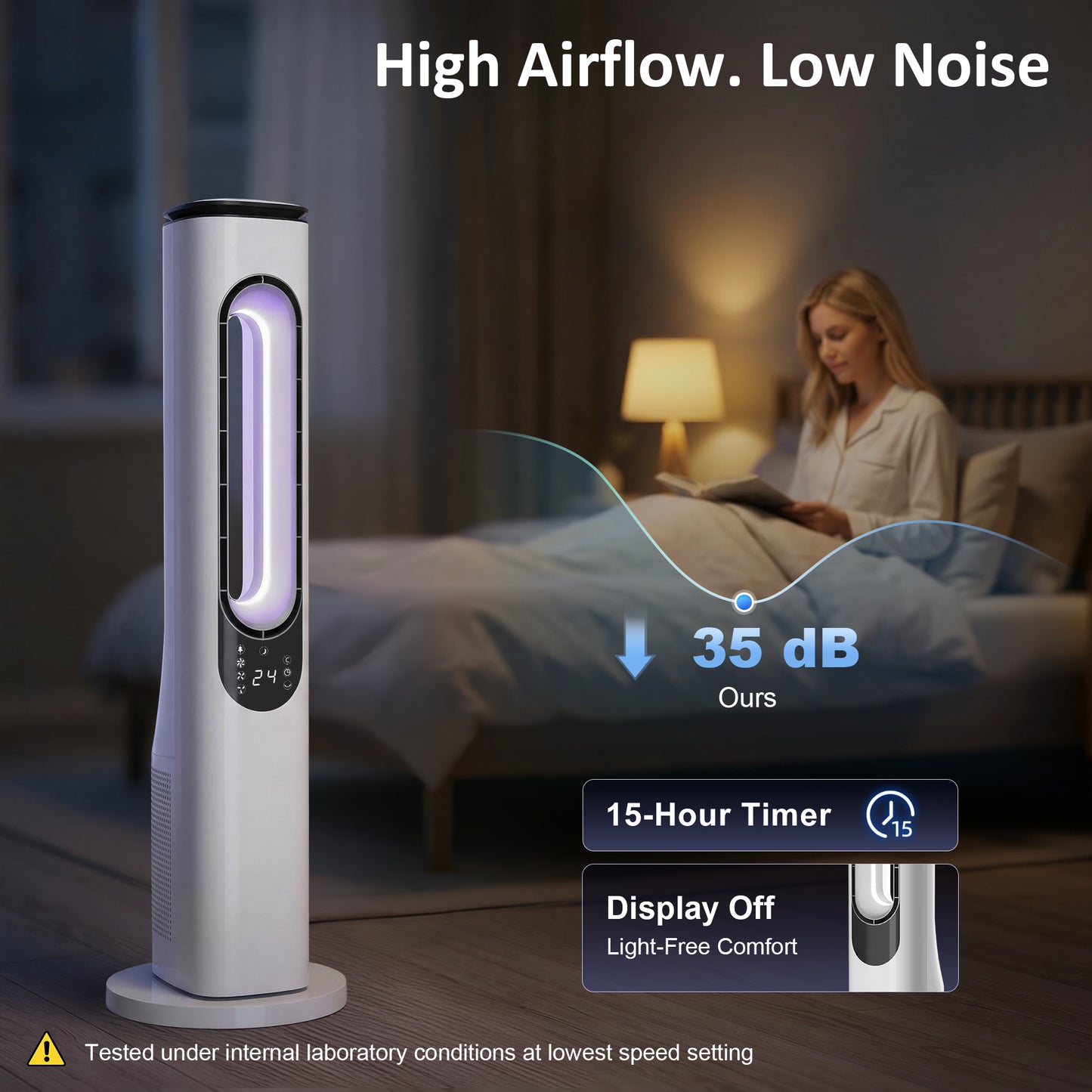 Bladeless Tower Fan for Bedroom, 35dB Standing Cooling Fan with Oscillating, LED Lights, 3 Speeds, 15H Timer, White