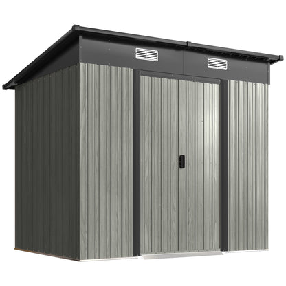 7 x 4ft Outdoor Storage Shed with Foundation Kit, Lean to Metal Garden Shed for Log, Rubbish Bin, Tool, Bike, Light Grey