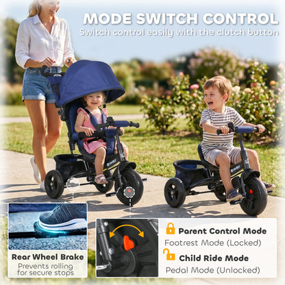 6 in 1 Kids Trike with Parent Handle, Canopy, 5-point Seat Belt, Storage, Footrest, Brake, for 1-5 Years, Dark Blue