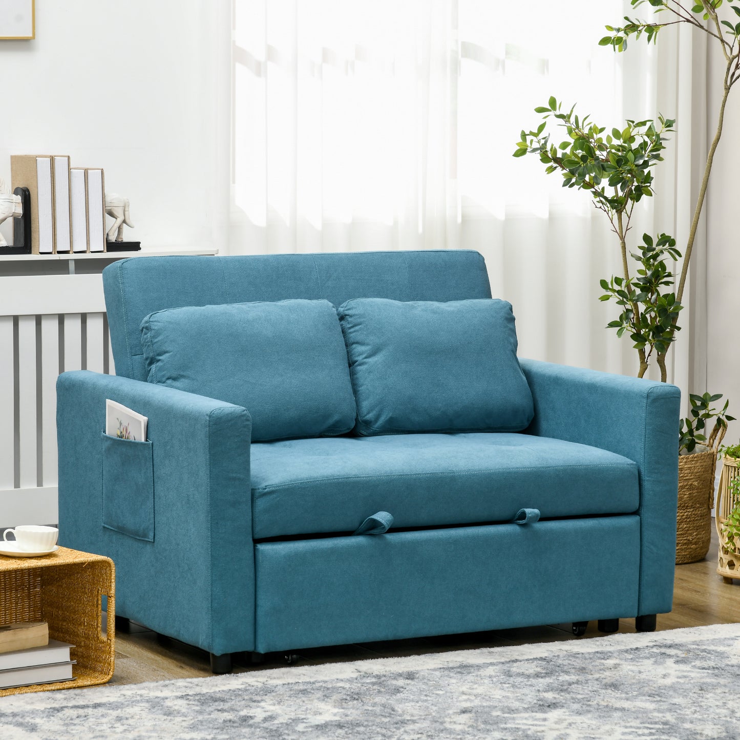 Loveseat Sofa Bed, Convertible Bed Settee with 2 Pillows, Side Pockets, Blue