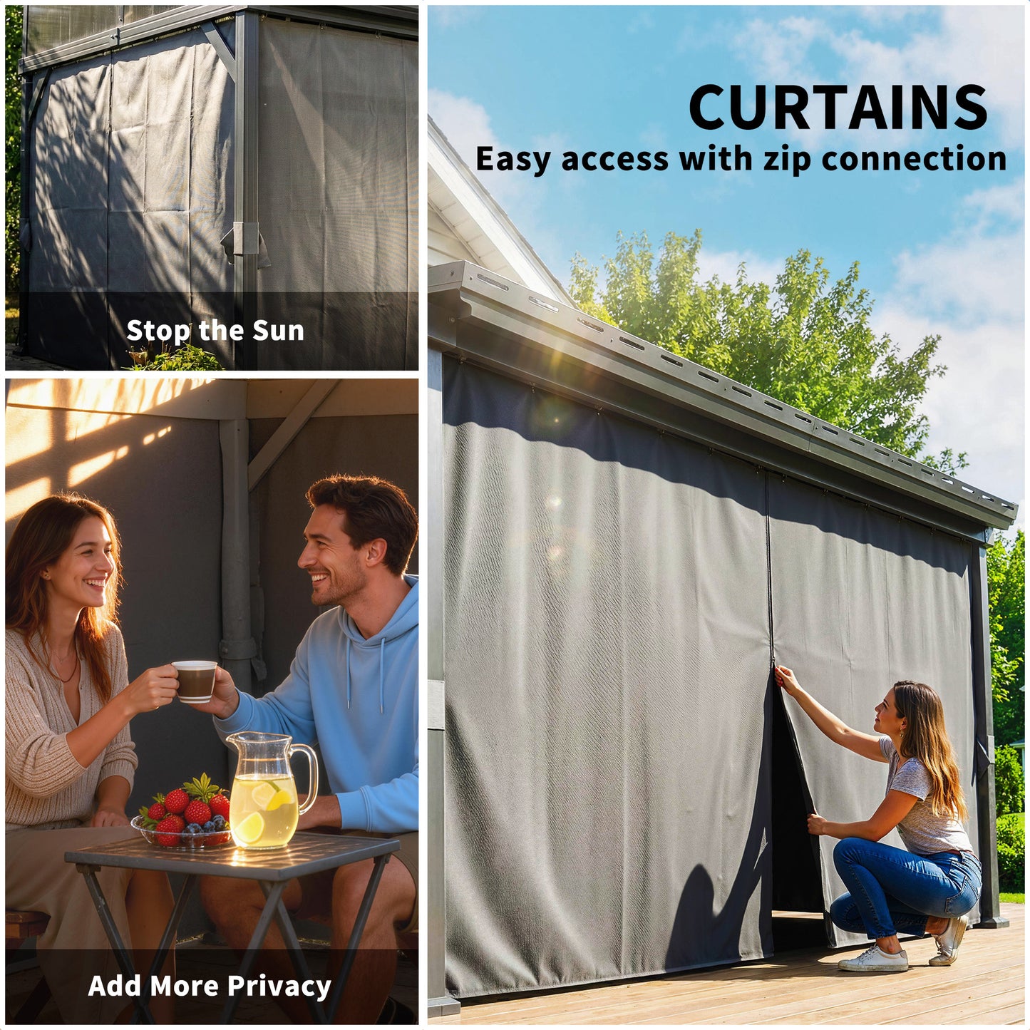 4.3 x 3 m Garden Pergola with Galvanised Steel Roof, Lean to Pergola Gazebo with Netting Curtains, Dark Grey