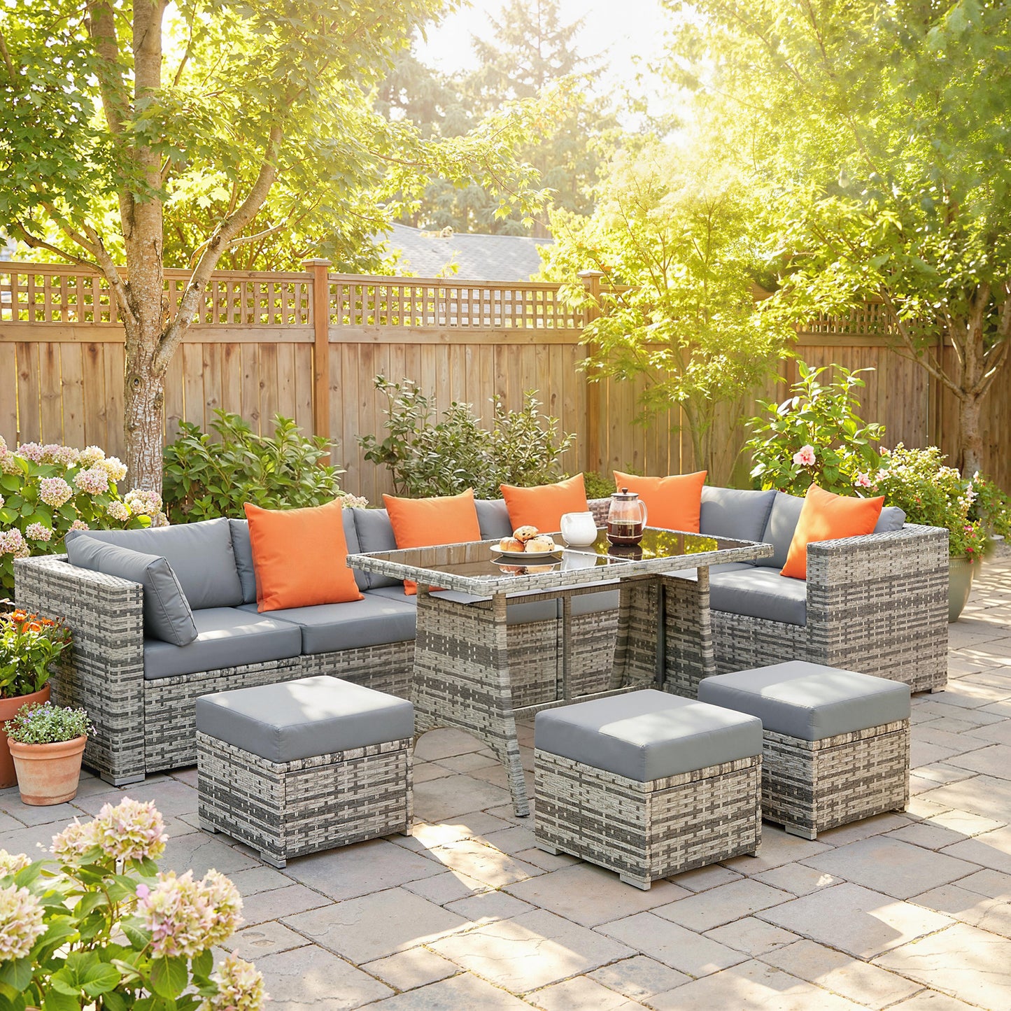 10 Piece Rattan Garden Furniture Set, 3 Corner Sofas with 3 Chairs, 3 Stools and Coffee Table, Outdoor Patio Furniture