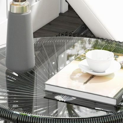 Rattan Side Table, Round Outdoor Coffee Table, with Round PE Rattan and Tempered Glass Tabletop for Patio, Garden, Balcony