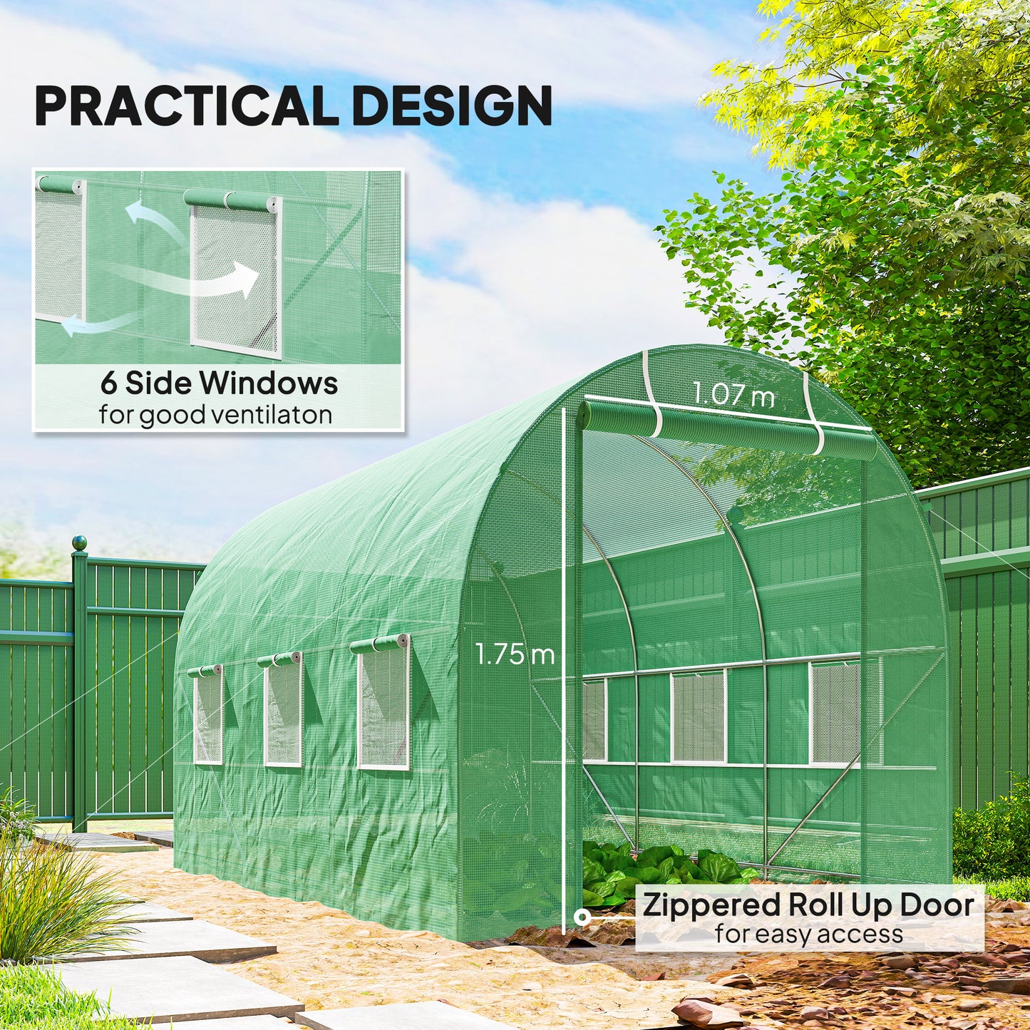 3.5 x 2m Walk-In Polytunnel Greenhouse, with Steel Frame, PE Cover, Roll-Up Door and 6 Windows, Green