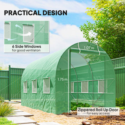 3.5 x 2m Walk-In Polytunnel Greenhouse, with Steel Frame, PE Cover, Roll-Up Door and 6 Windows, Green