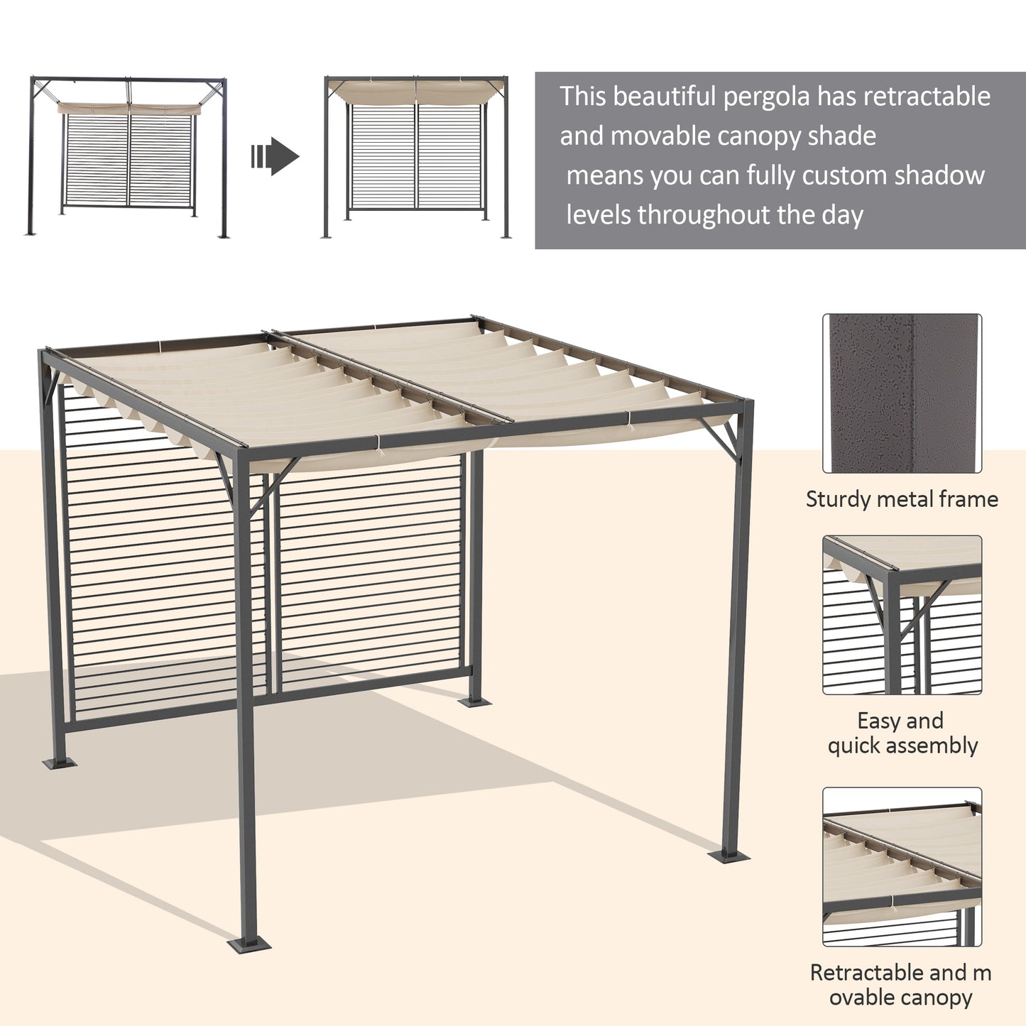3 x 2.8m Metal Pergola, with Retractable Fabric Roof - Beige